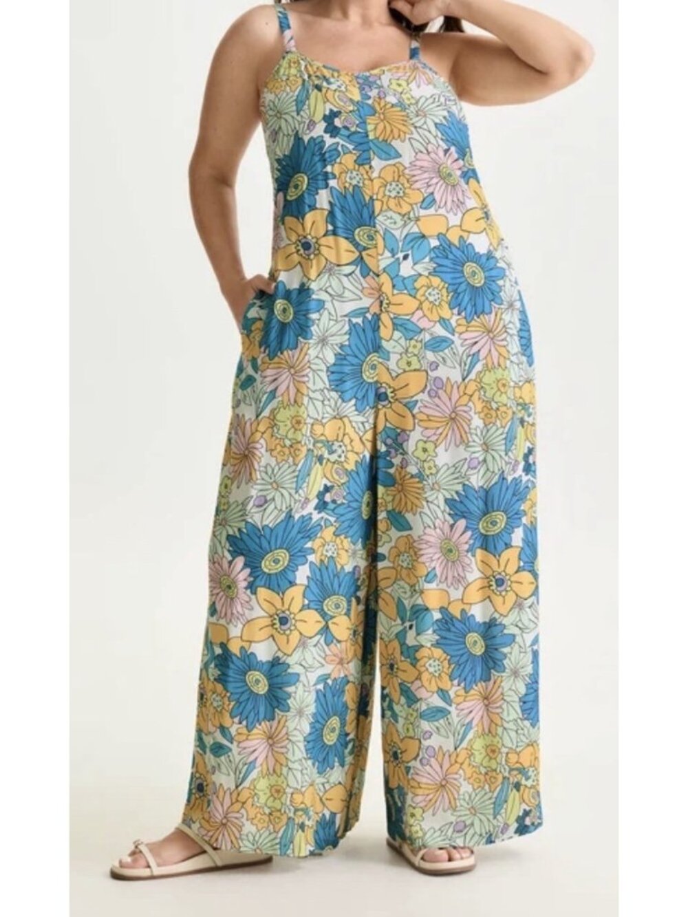 NWT BloomChic Womens Size 12 Wide Leg Jumpsuit Retro Floral Boho Pocket - Picture 2 of 16